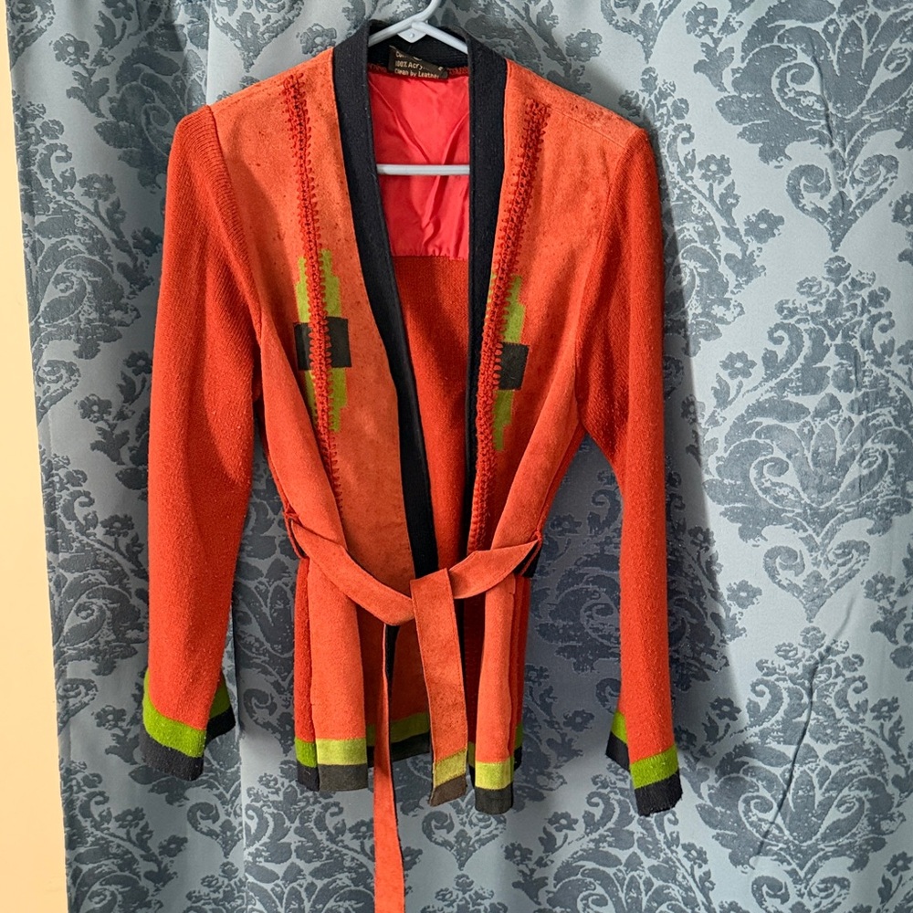 Western cowsplit leather& Knit Cardigan with Belt